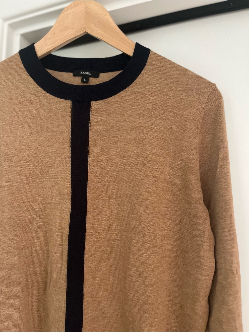 Raoul Camel Crewneck Sweater with Navy Center Stripe